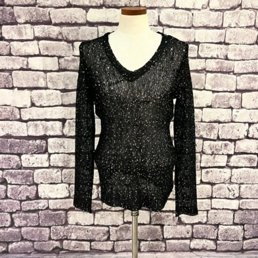 Questions Pullover V-Neck Black W/ Sequins Pullover Sweater Size M